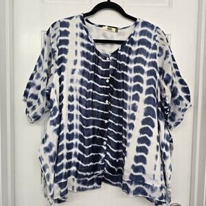 Dolma Boho Tie Dye Blouse L Blue White Cotton Lightweight Tunic Side Slit Top
